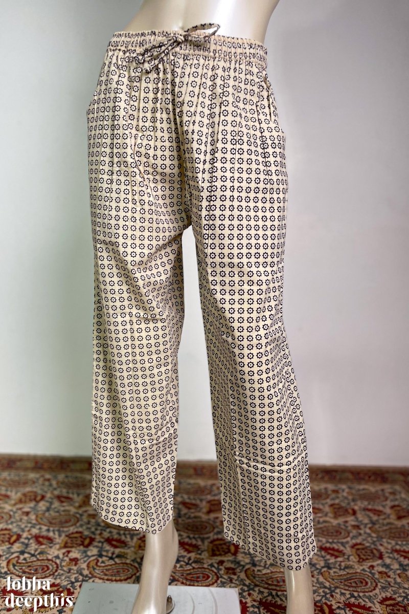 Blue Stardust on Cream Cotton Straight Pants - Lobha Deepthis