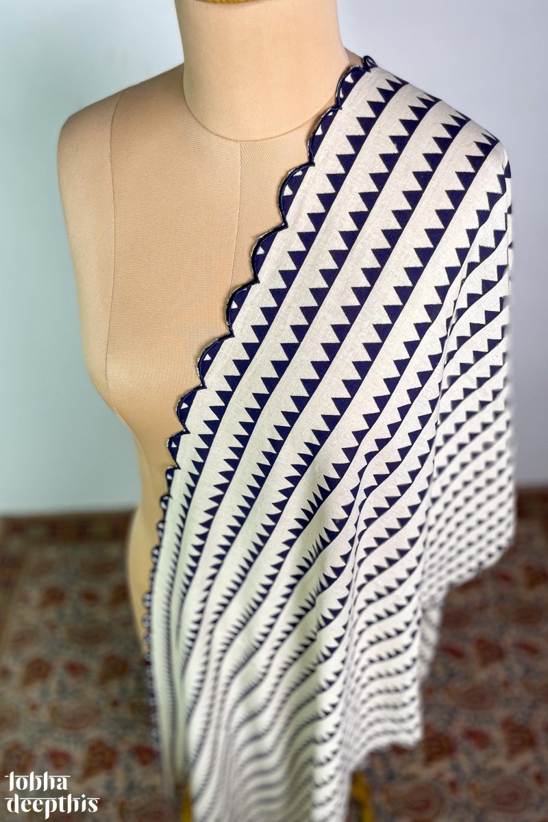 Blue Triangle Stripes Cotton Scallop Dupatta - Lobha Deepthis