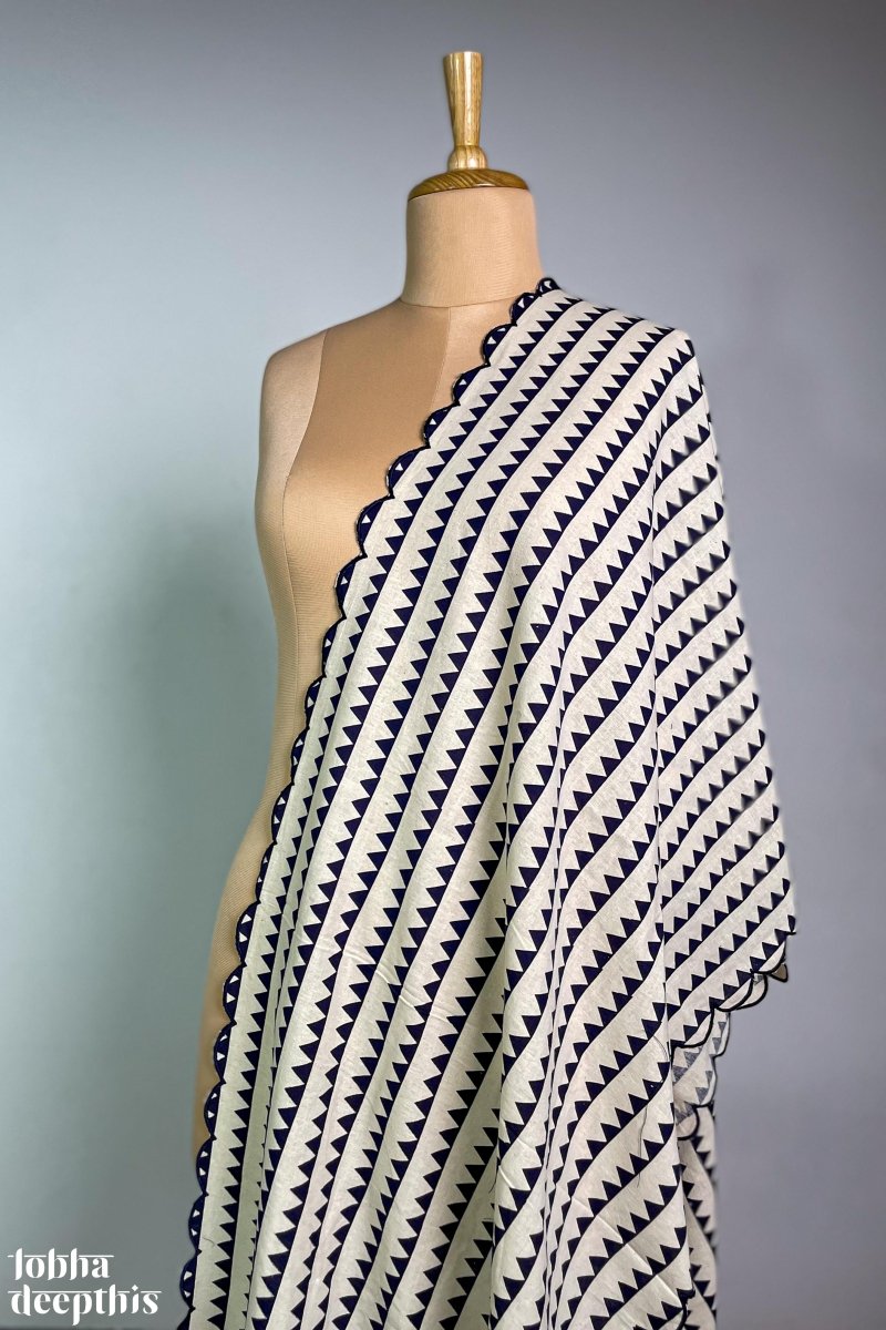 Blue Triangle Stripes Cotton Scallop Dupatta - Lobha Deepthis