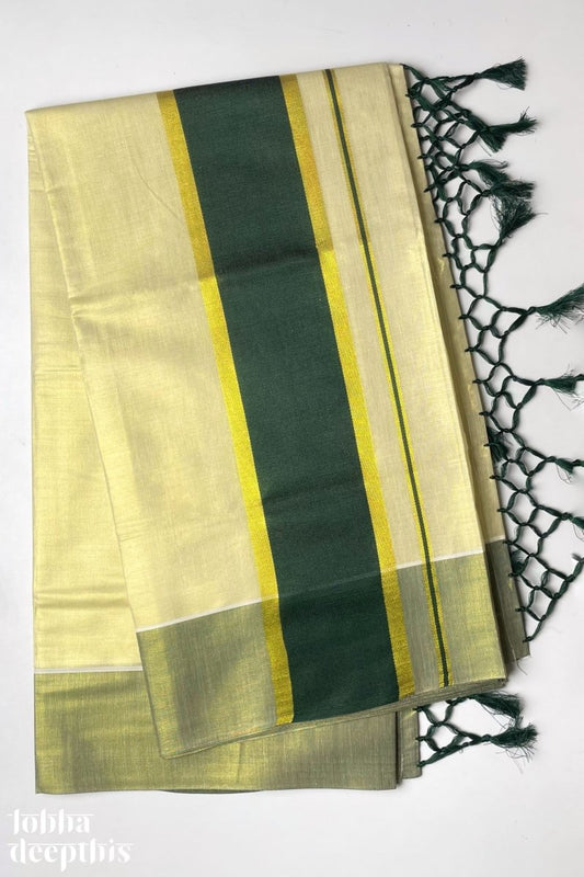 Bottle Green Border on Golden Set Saree - Lobha Deepthis