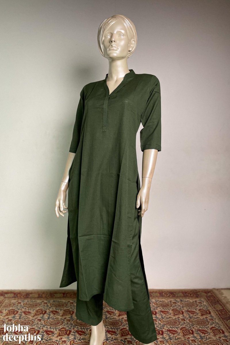 Bottle Green Cotton Flex Collar Kurta - Lobha Deepthis
