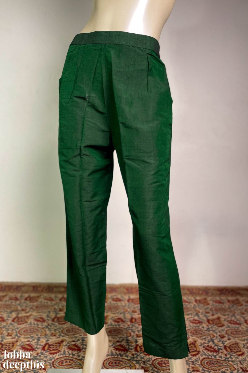 Bottle Green Slub Silk Pencil Pants - Lobha Deepthis