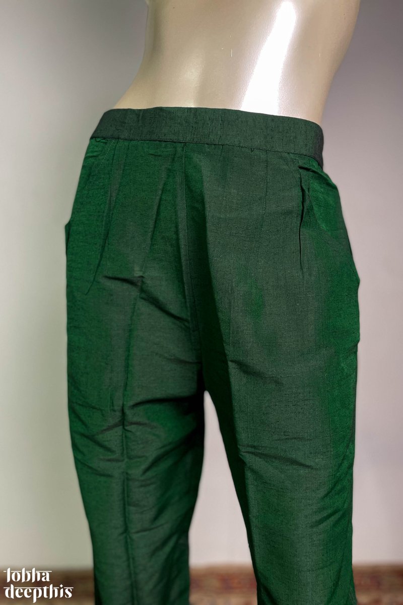 Bottle Green Slub Silk Pencil Pants - Lobha Deepthis