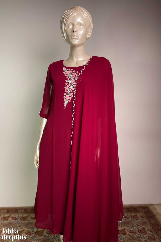 Bouquet Hand Embroidery on Maroon Georgette Kurta Set - Lobha Deepthis