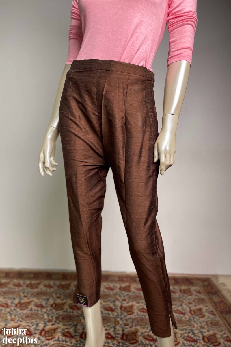 Chocolate Slub Silk Pencil Pants - Lobha Deepthis