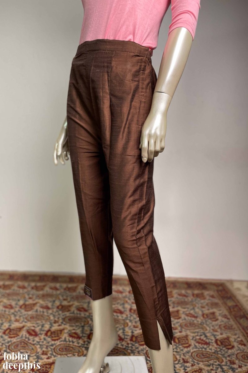 Chocolate Slub Silk Pencil Pants - Lobha Deepthis