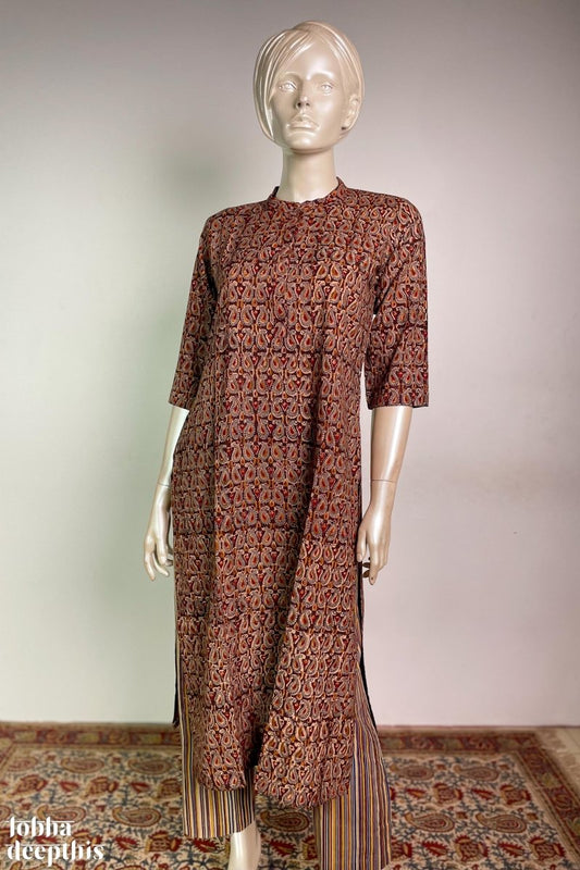 Coffee Brown Paisleys Kalamkari Collar Kurta - Lobha Deepthis