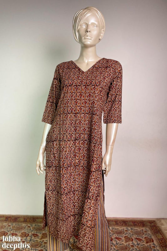 Coffee Brown Paisleys Kalamkari V Neck Kurta - Lobha Deepthis