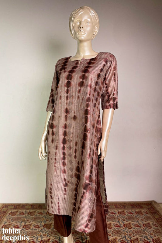 Coffee Brown Shibori Round Neck Kurta - Lobha Deepthis