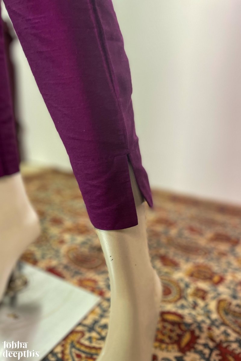 Dark Lavender Slub Silk Pencil Pants - LOBHA DEEPTHIS