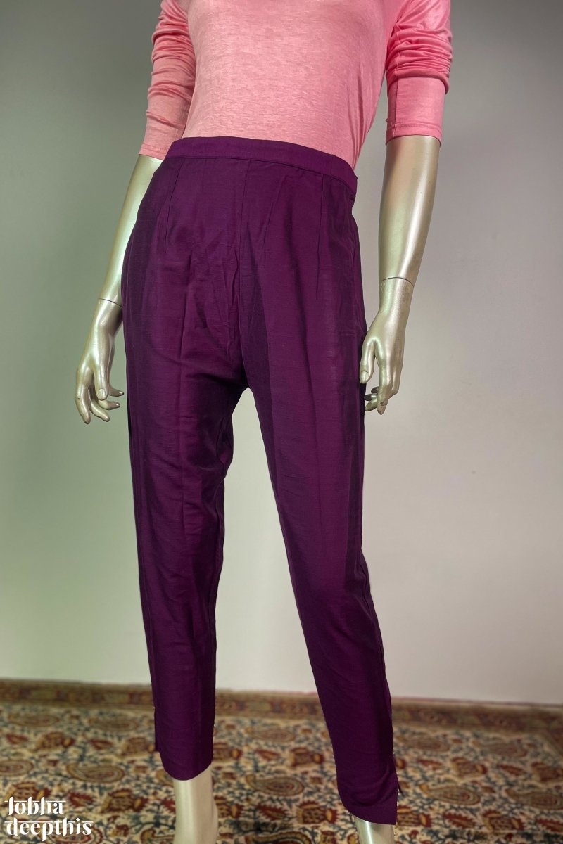 Dark Lavender Slub Silk Pencil Pants - LOBHA DEEPTHIS