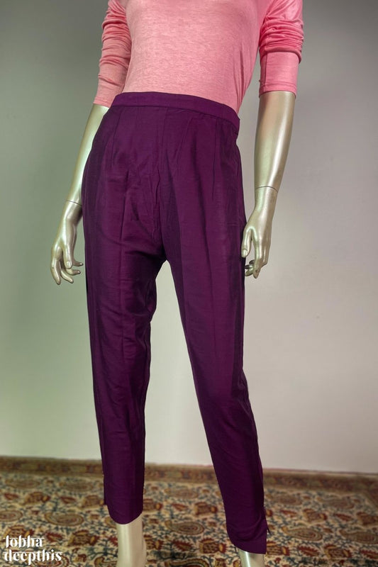 Dark Lavender Slub Silk Pencil Pants - LOBHA DEEPTHIS