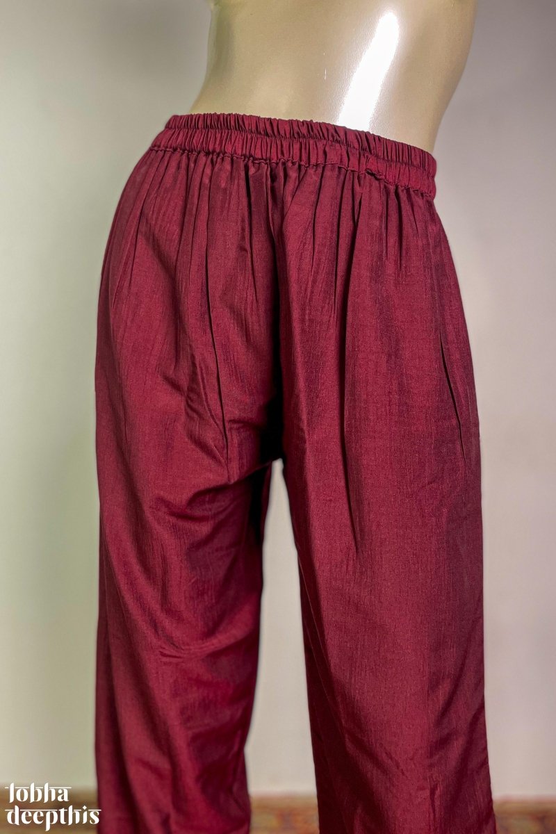 Dark Maroon Nylon Silk Straight Pants - Lobha Deepthis