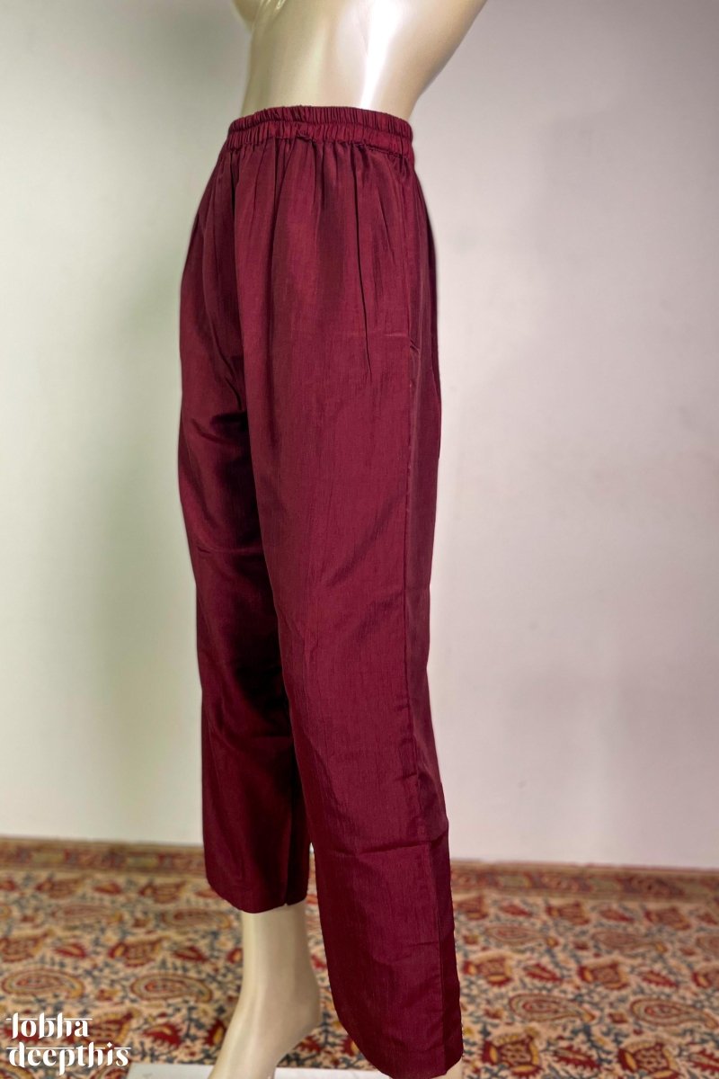 Dark Maroon Nylon Silk Straight Pants - Lobha Deepthis