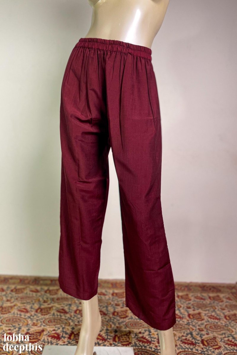 Dark Maroon Nylon Silk Straight Pants - Lobha Deepthis