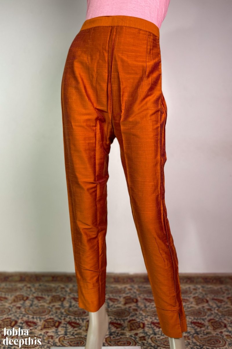 Dark Orange Slub Silk Pencil Pants - Lobha Deepthis