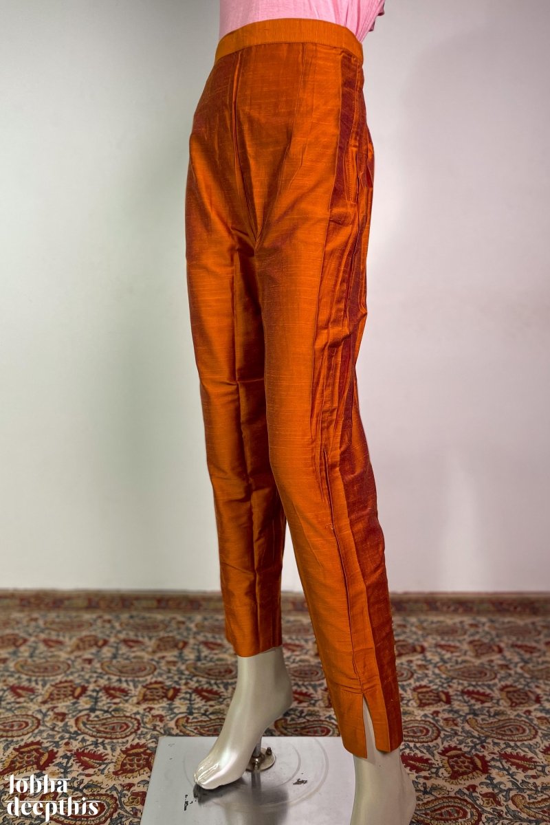 Dark Orange Slub Silk Pencil Pants - Lobha Deepthis