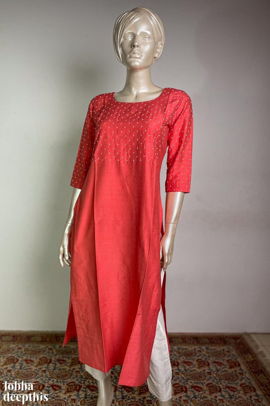 Dark Peach Beads Spreading Slub Silk Kurta - Lobha Deepthis