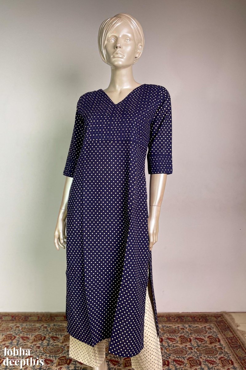 Dot Print on Blue Straight Kurta - Lobha Deepthis