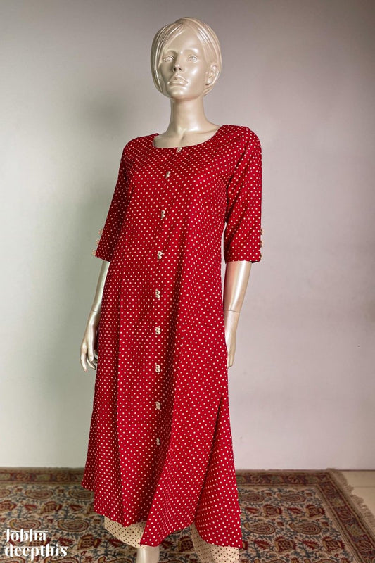 Dot Print on Red Aline Kurta - Lobha Deepthis