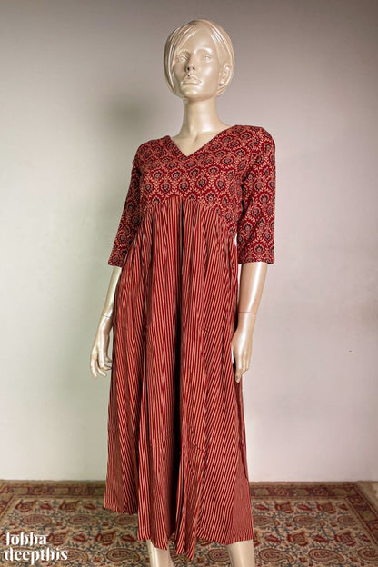 Earthen Stripes Madder Red Alia Cut Kurta - Lobha Deepthis