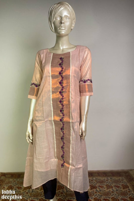 Embroidered Kasavu on Copper Tissue High Low Kurta - LOBHA DEEPTHIS