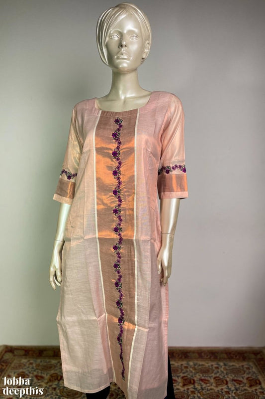 Embroidered Kasavu on Copper Tissue Straight Kurta - LOBHA DEEPTHIS