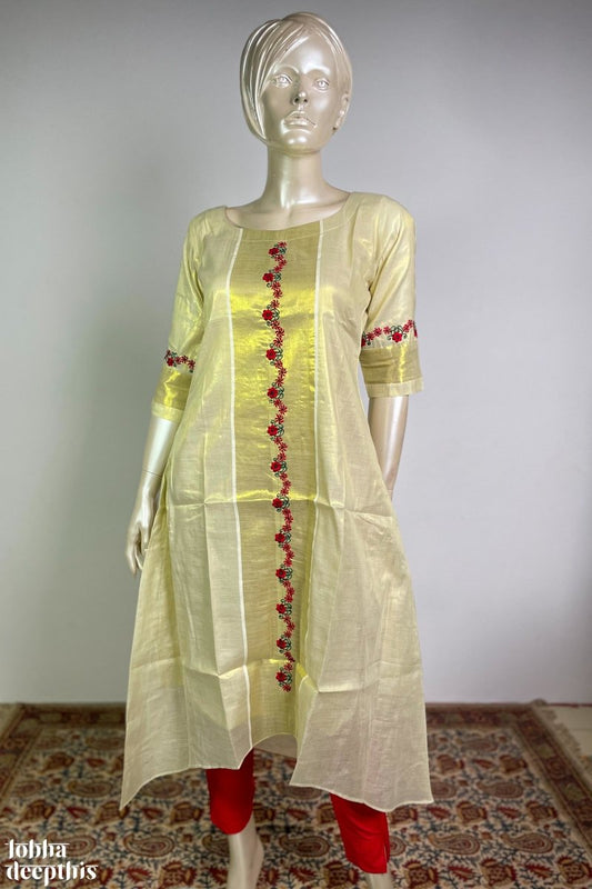 Embroidered Kasavu on Golden Tissue High Low Kurta - LOBHA DEEPTHIS