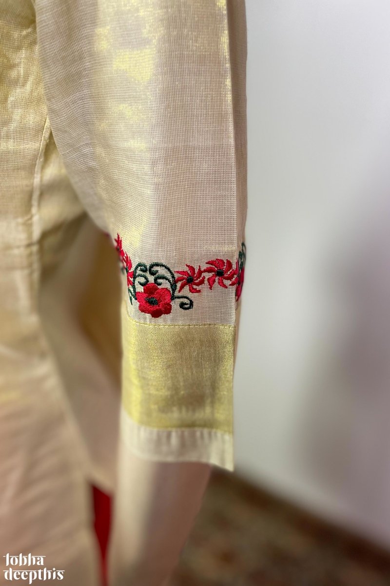 Gold Tissue Stitched Kurti/ Kerala Kasavu Hand Work Design/ Onam,  Christmas, Birthday, Wedding/ Ethnic Wear - Etsy