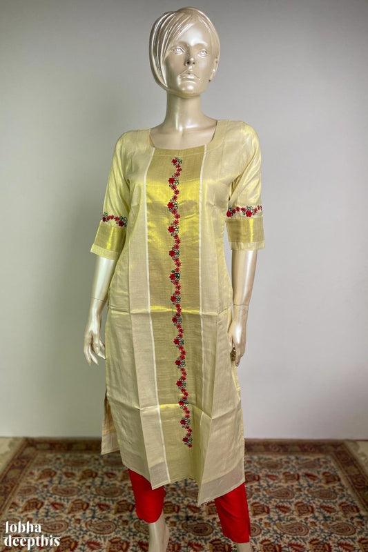 Embroidered Kasavu on Golden Tissue Straight Kurta - LOBHA DEEPTHIS