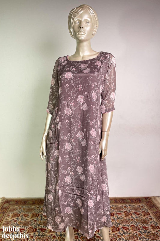 Floral Printed Grey Pure Chinon Kurta - Lobha Deepthis