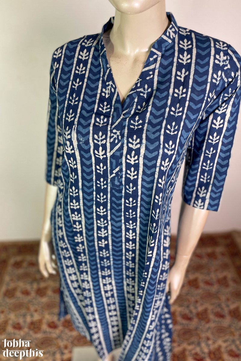 Floral Stripes Indigo Collar Kurta - Lobha Deepthis