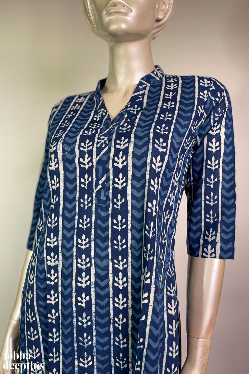 Floral Stripes Indigo Collar Kurta - Lobha Deepthis