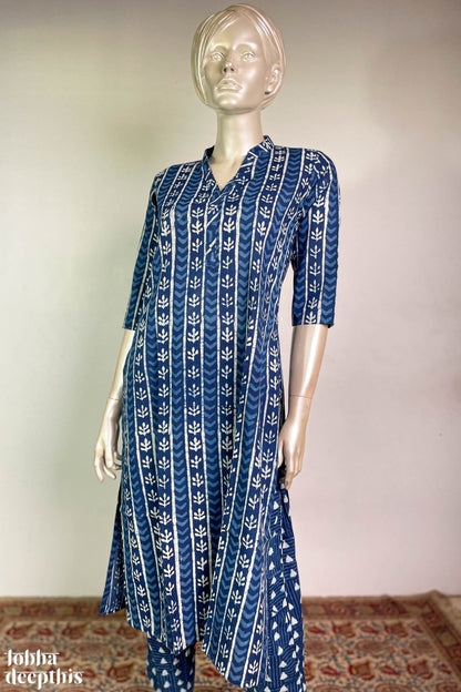 Floral Stripes Indigo Collar Kurta - Lobha Deepthis