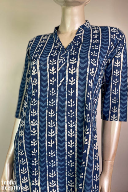 Floral Stripes Indigo Collar Kurta - Lobha Deepthis