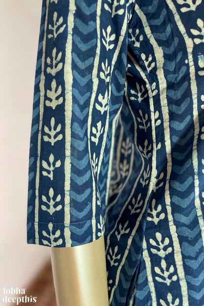 Floral Stripes Indigo Collar Kurta - Lobha Deepthis