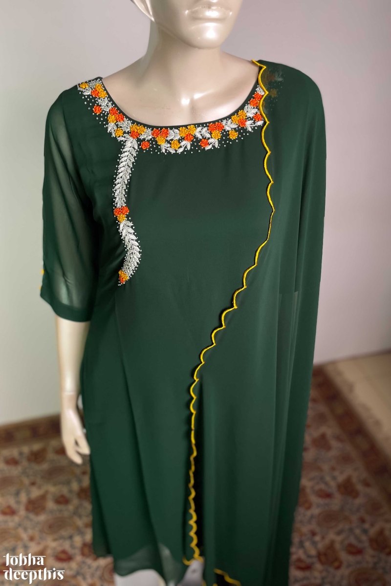 Bottle Green Georgette Embroidered Long Dress (Two Nos in One Set)