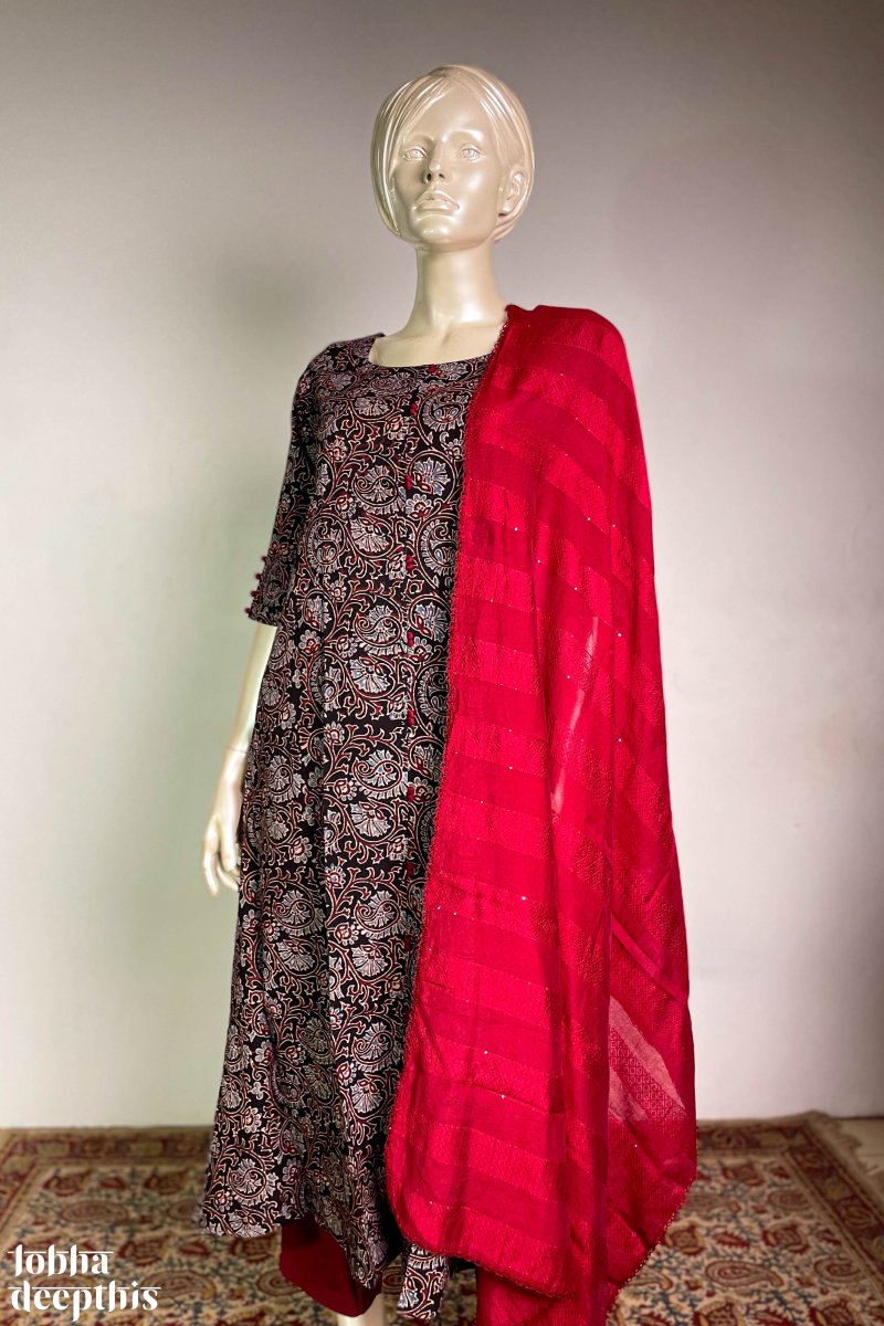 Floral Vines on Black Aline Kurta - Lobha Deepthis