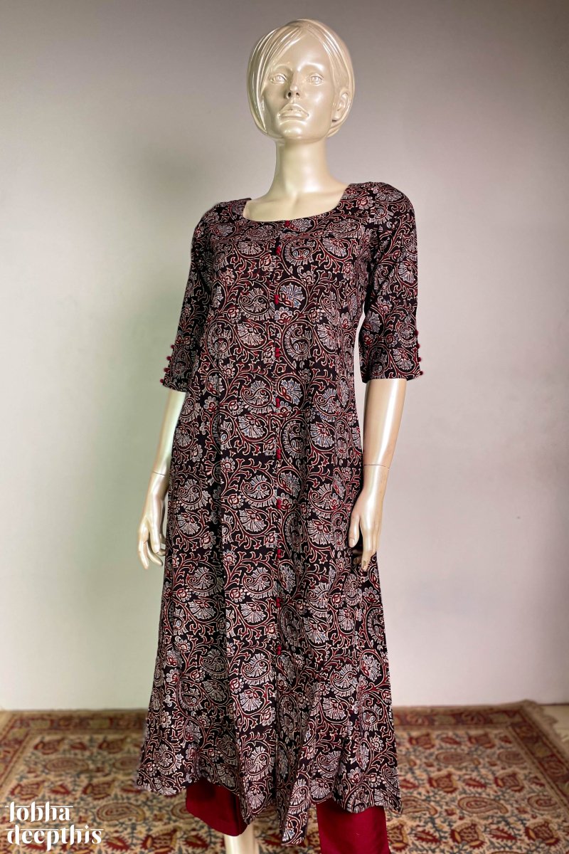 Floral Vines on Black Aline Kurta - Lobha Deepthis