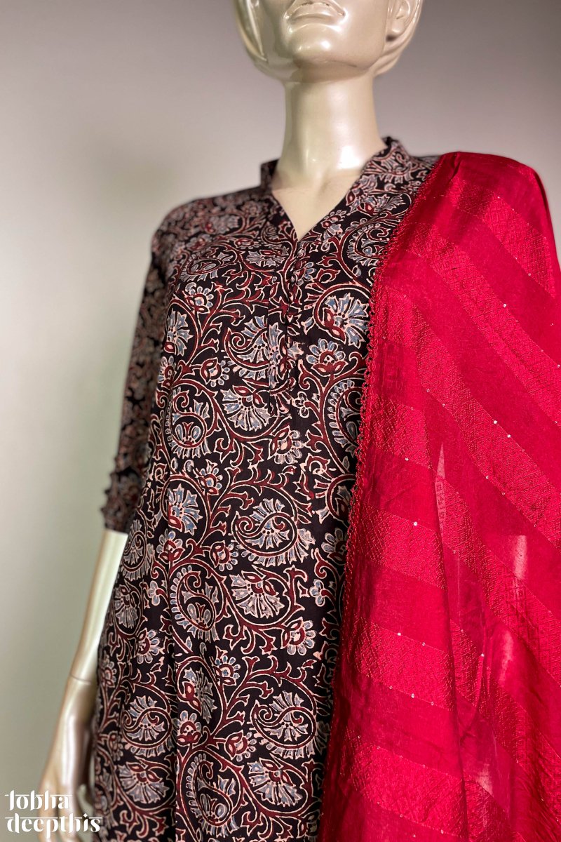 Floral Vines on Black Collar Kurta - Lobha Deepthis