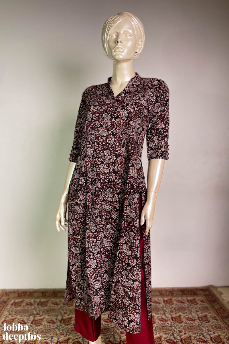 Floral Vines on Black Collar Kurta - Lobha Deepthis