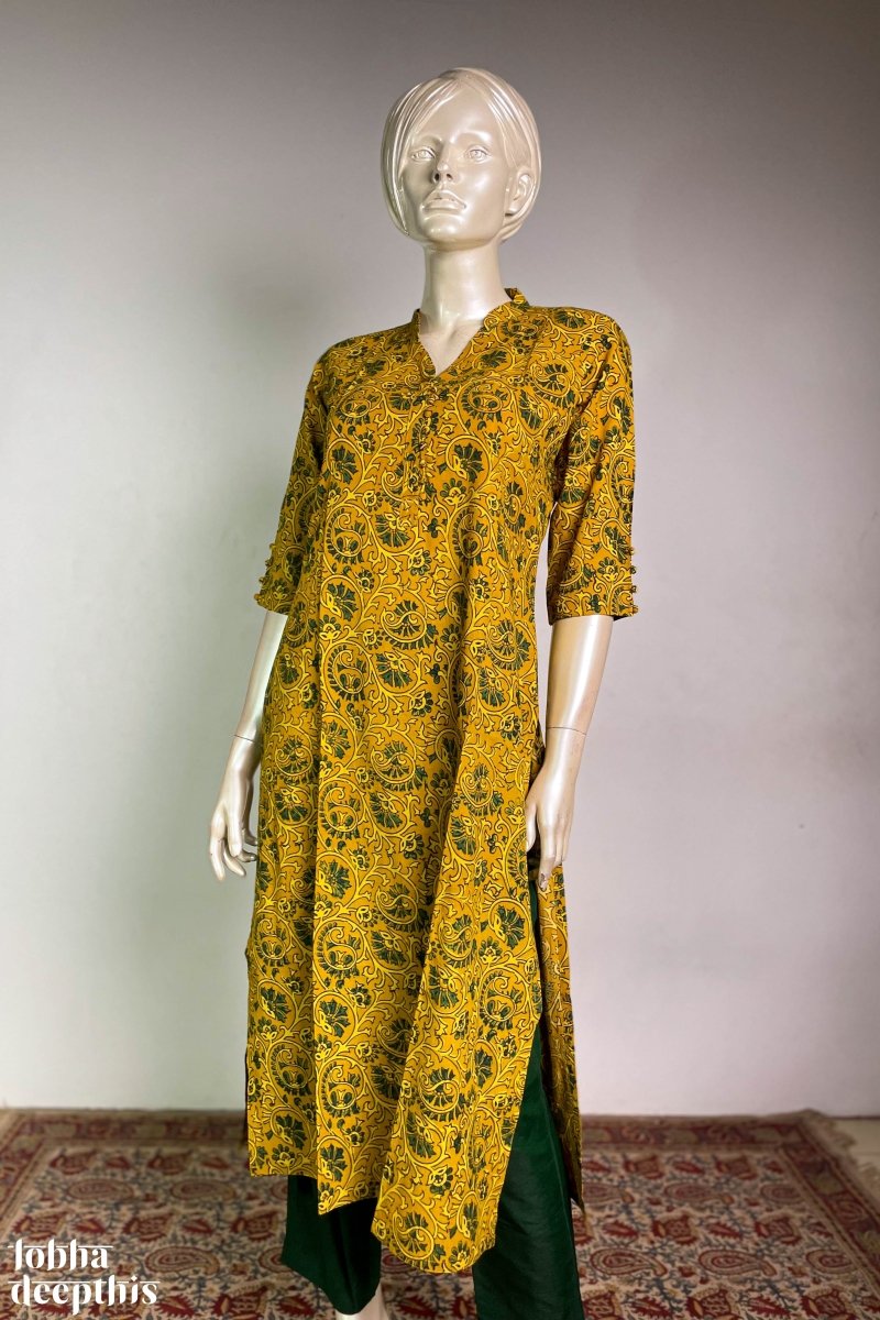 Floral Vines on Turmeric Collar Kurta - Lobha Deepthis