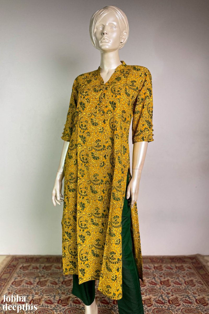 Floral Vines on Turmeric Collar Kurta - Lobha Deepthis