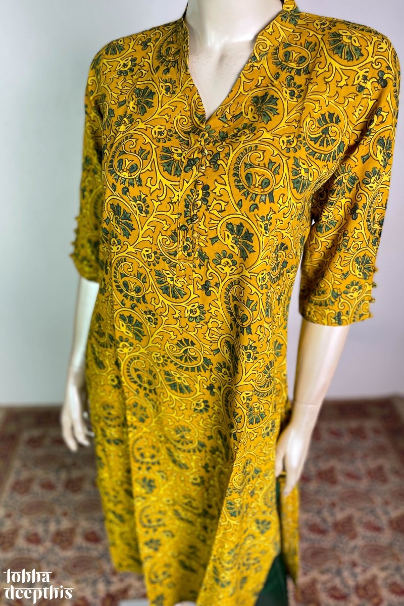 Floral Vines on Turmeric Collar Kurta - Lobha Deepthis