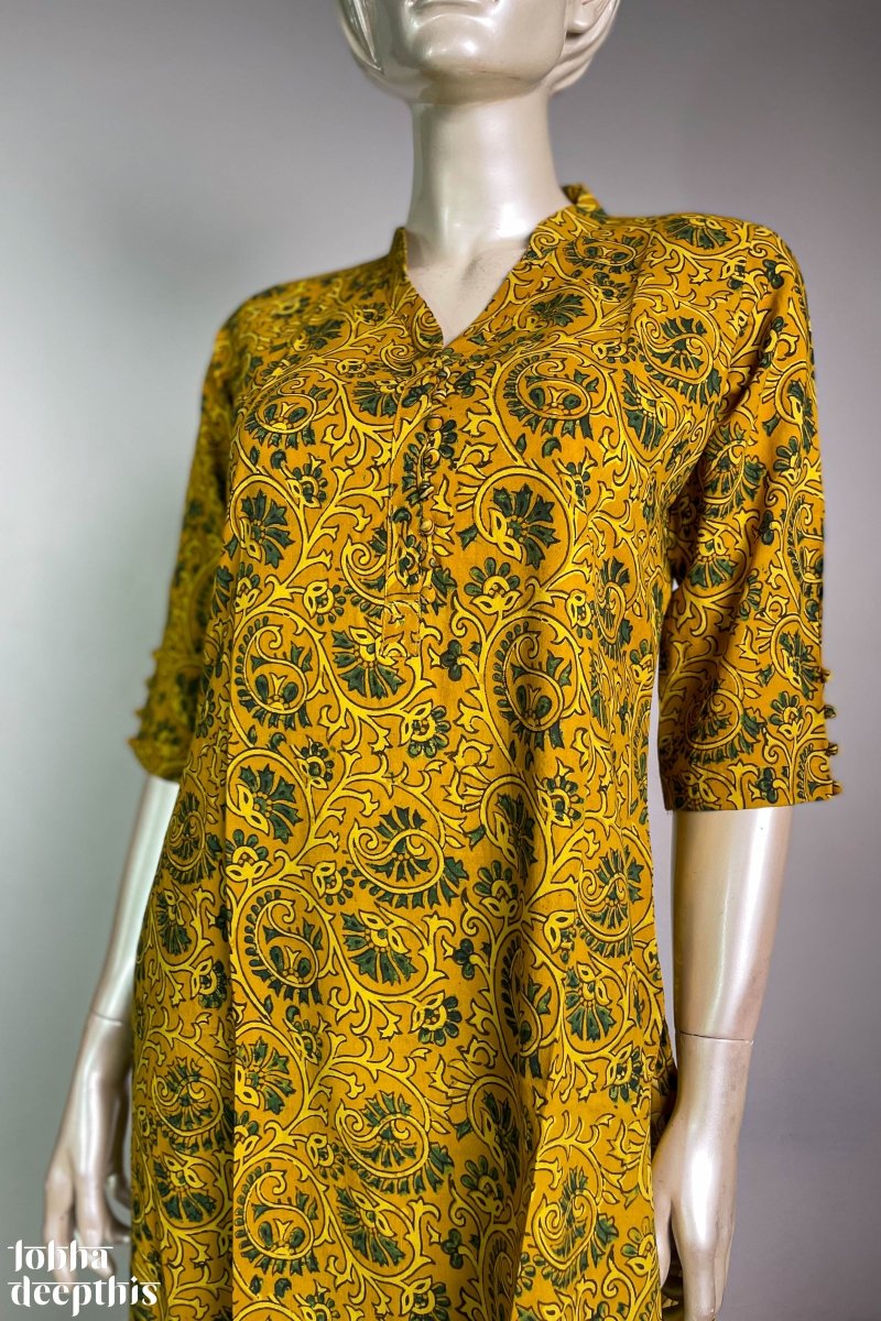 Floral Vines on Turmeric Collar Kurta - Lobha Deepthis