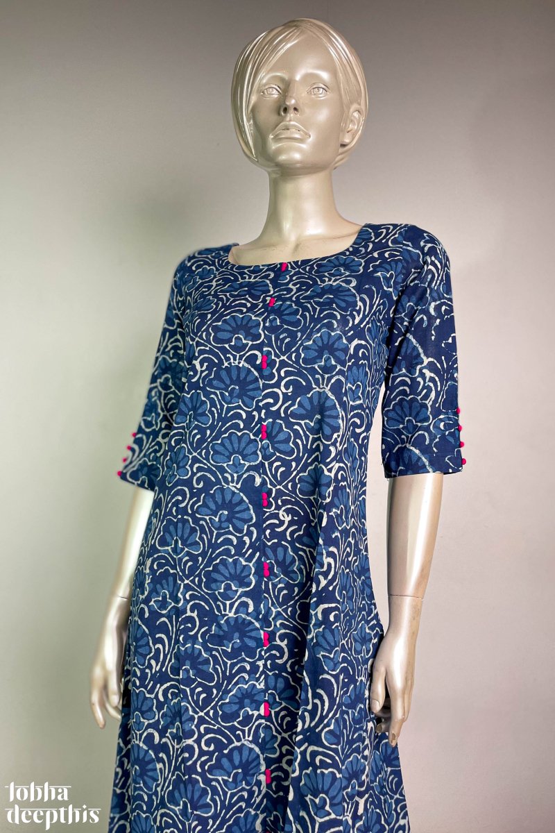 Florals on Indigo Aline Kurta - Lobha Deepthis