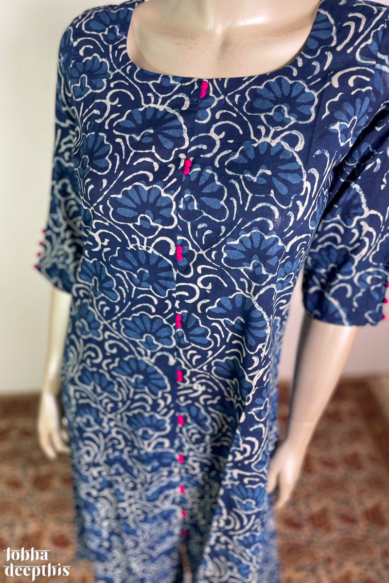 Florals on Indigo Aline Kurta - Lobha Deepthis