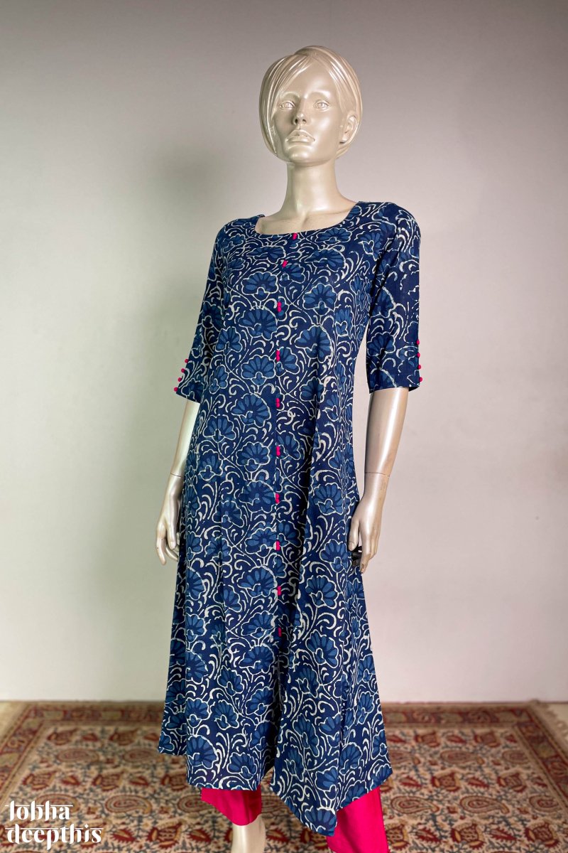 Florals on Indigo Aline Kurta - Lobha Deepthis