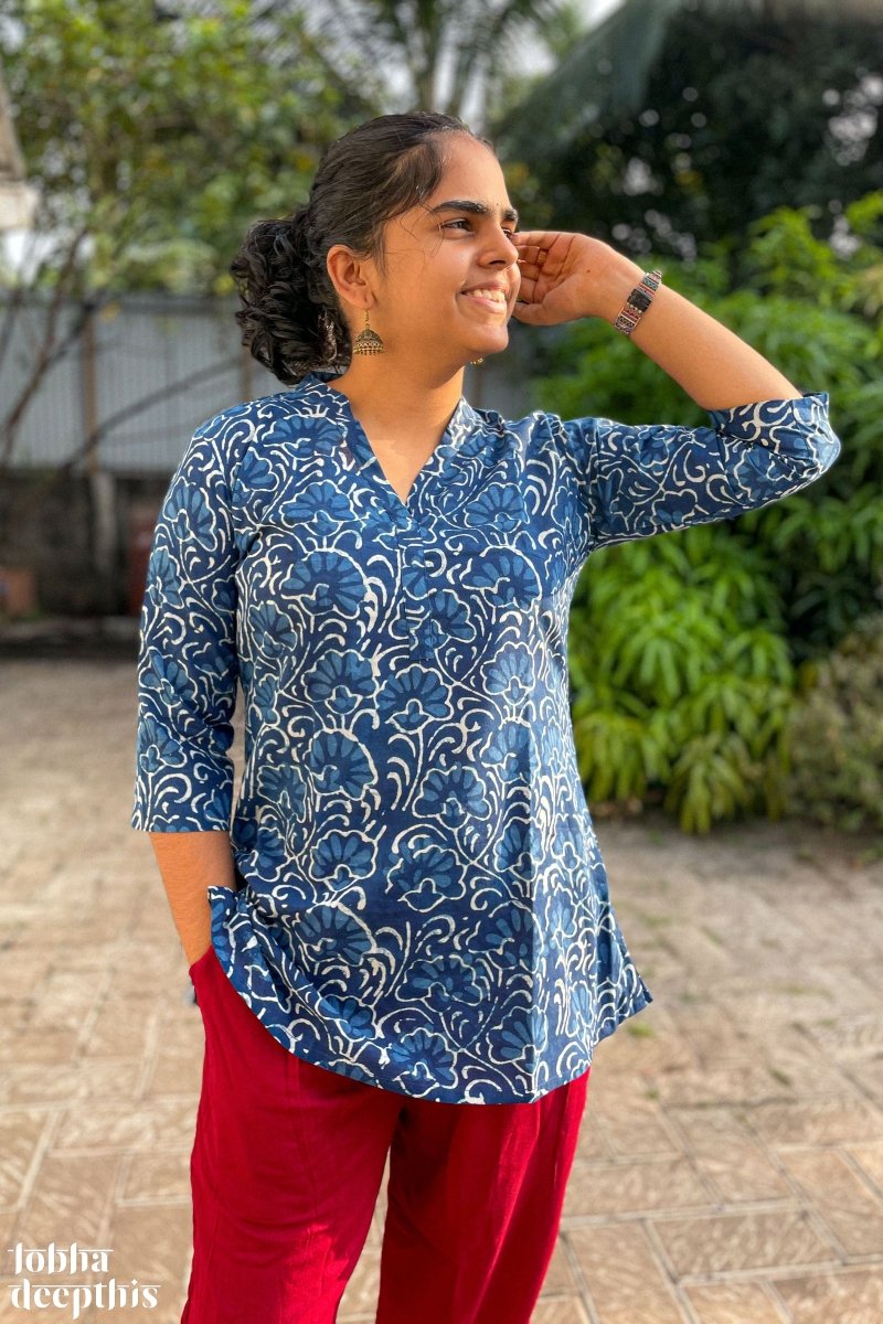 Florals on Indigo Collar Short Top - Lobha Deepthis