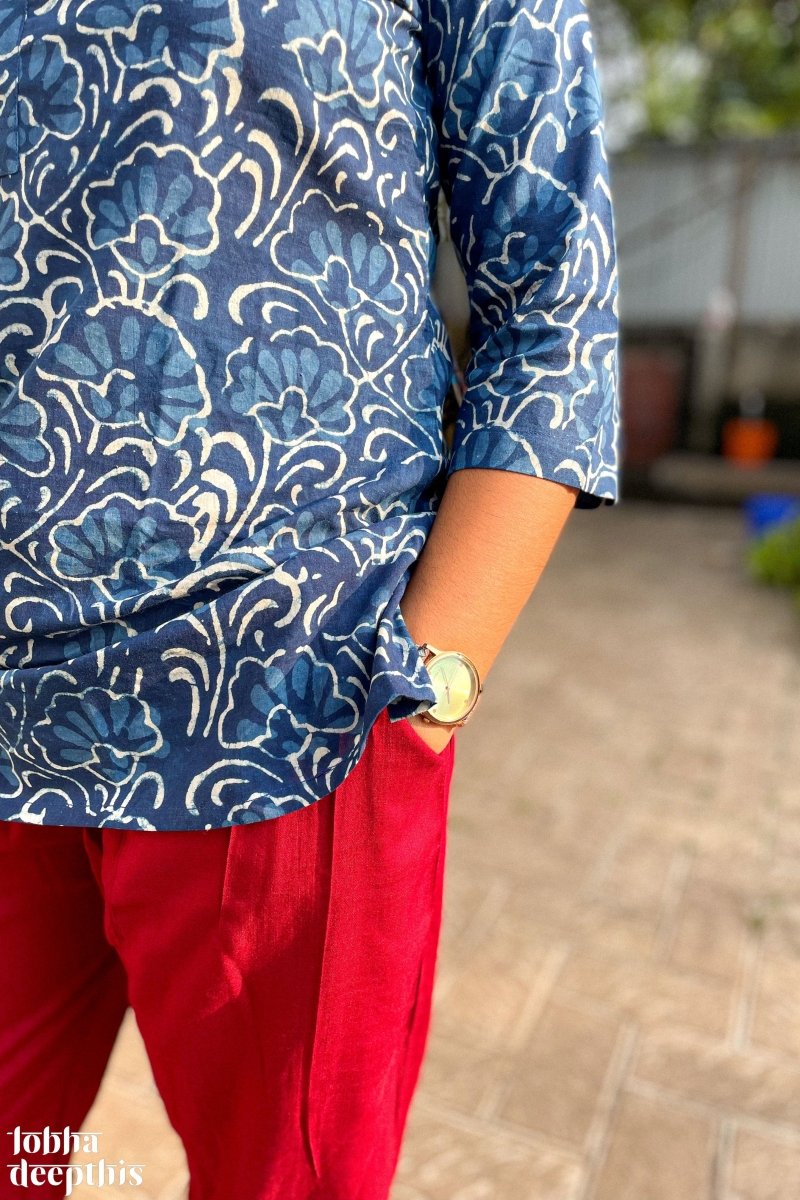 Florals on Indigo Collar Short Top - Lobha Deepthis